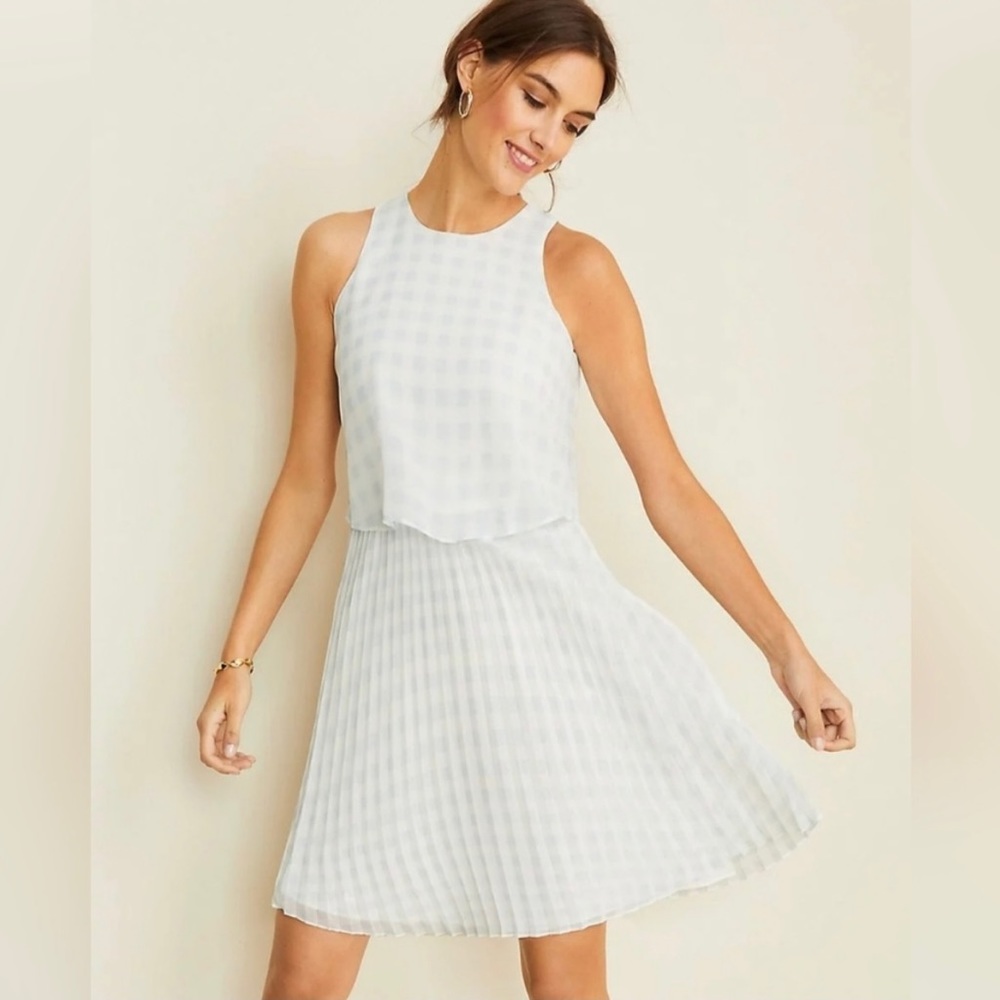 Petite Gingham Overlay Pleated Flare Dress Sz 8P